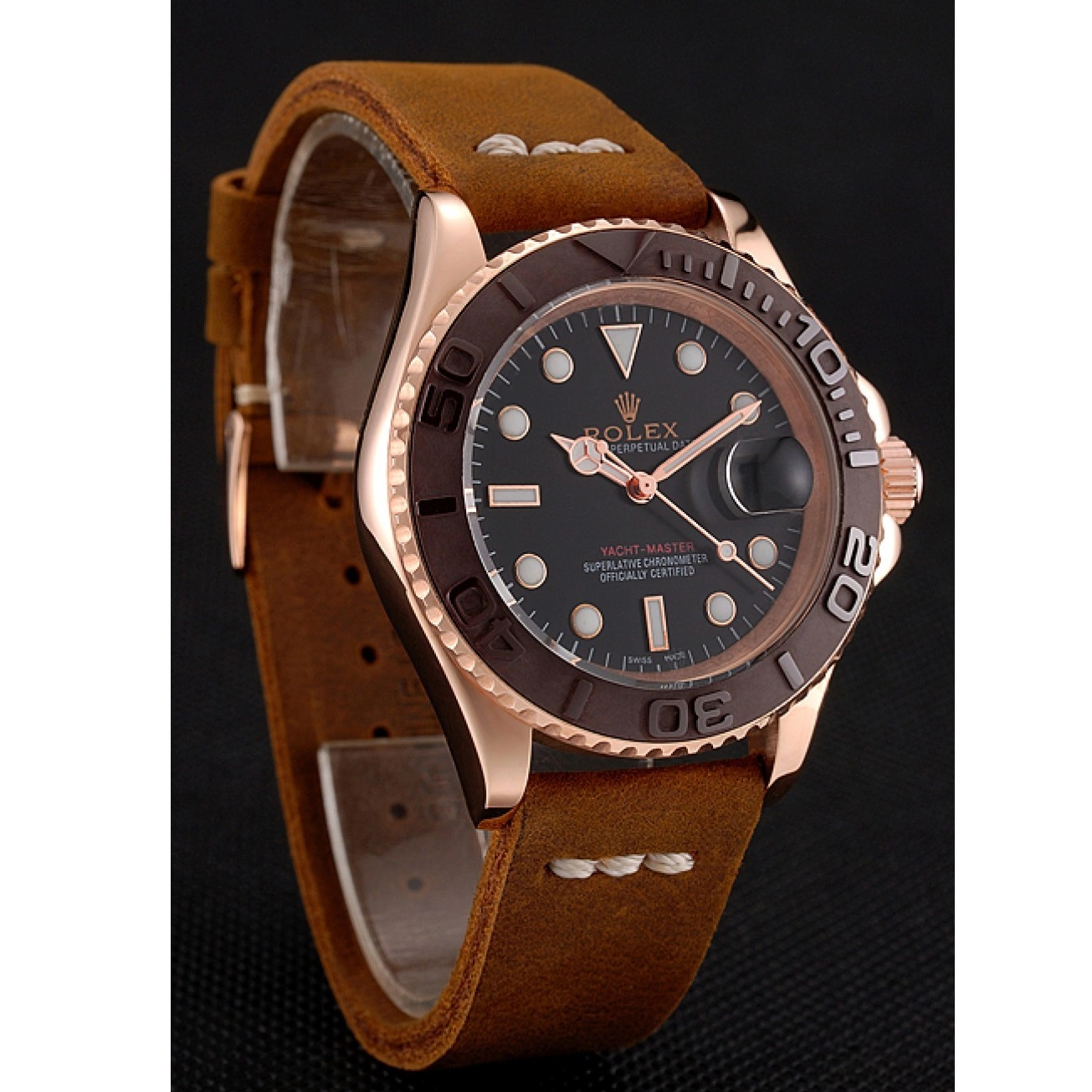 Good Copy Rolex Watches Black Rolex Bezel Brown 1453860 Leather Bracelet Yacht Rose Dial Case Gold Brown Master 0806